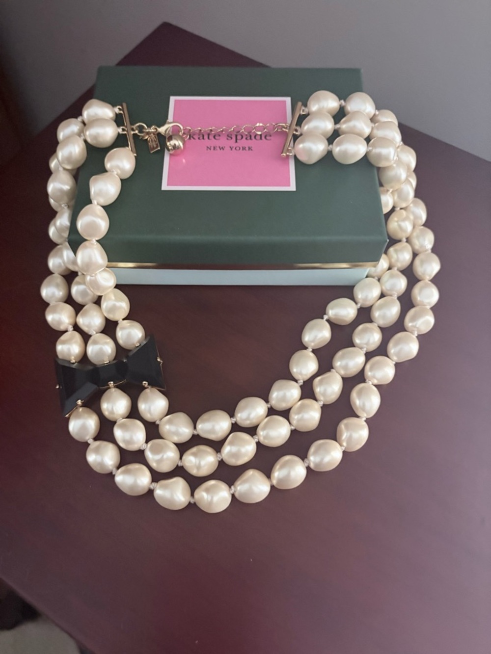 kate spade Cream Faux-Pearl Triple Strand Necklace with Black Bow - Vintage